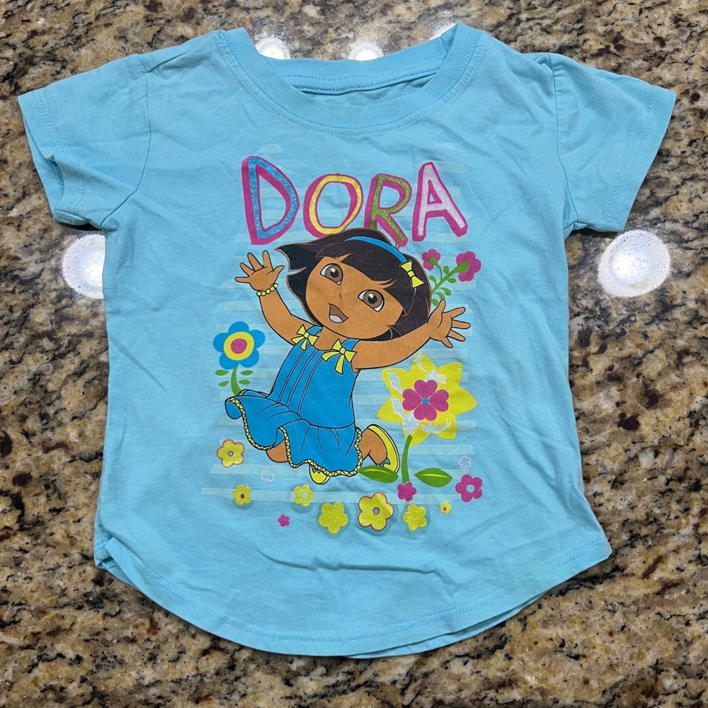 Nick Jr Dora the Explorer Light Blue T-Shirt Girl Size‎ 3T Glitter Flowers